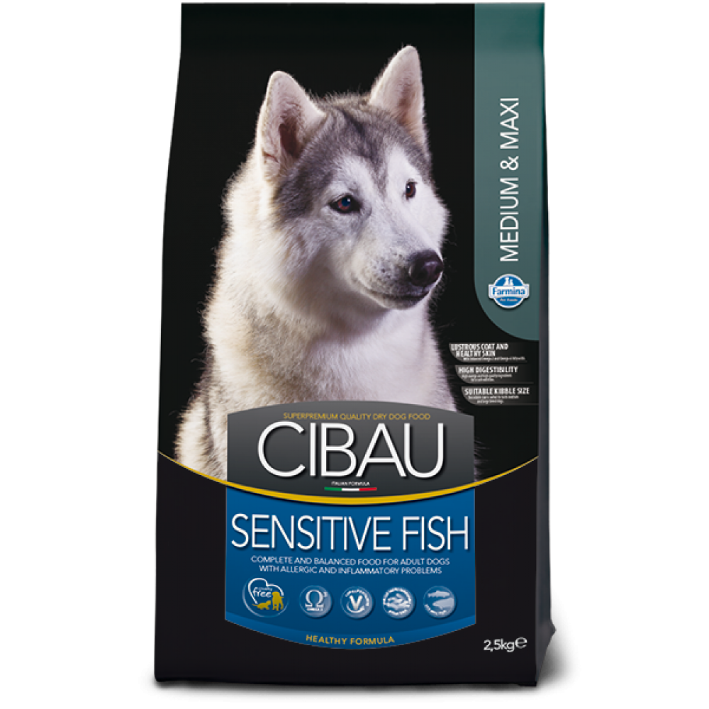 Cibau Sensitive Fish Medium & Maxi, Farmina. Hrană uscată pentru câini adulți cu pește, reduce riscul de reacții alergice