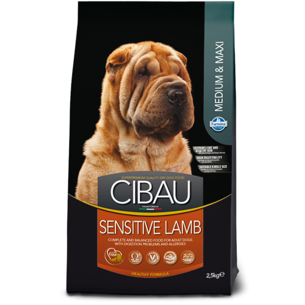 Cibau Sensitive Lamb Medium & Maxi, Farmina. Hrană uscată pentru câinii adulți cu digestie sensibilă și alergii, Miel