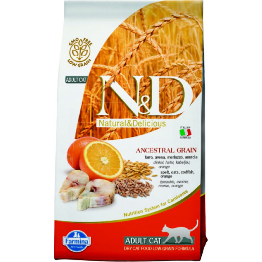 Farmina N&D  Cухой корм для взрослых кошек, низкозерновой, треска и апельсин